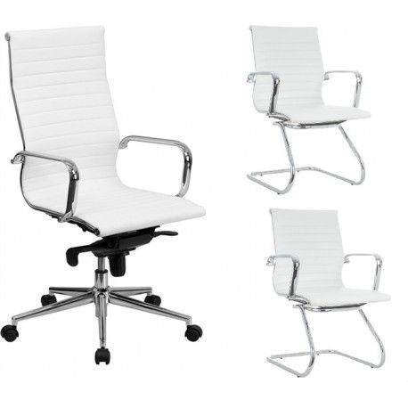 Pack Sillas Oficina GRANADA compuesto por 1 sillón alto + 2 sillones fijos, blanco