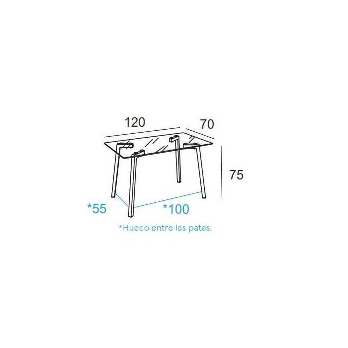 Mesa de cristal NERJA, estructura 4 patas de madera de roble, medida 120x70 cm