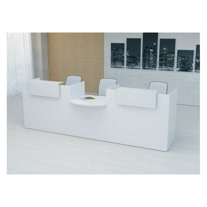 Mostrador recepción MOBI 320 cm, color blanco, sobremostradores metálicos