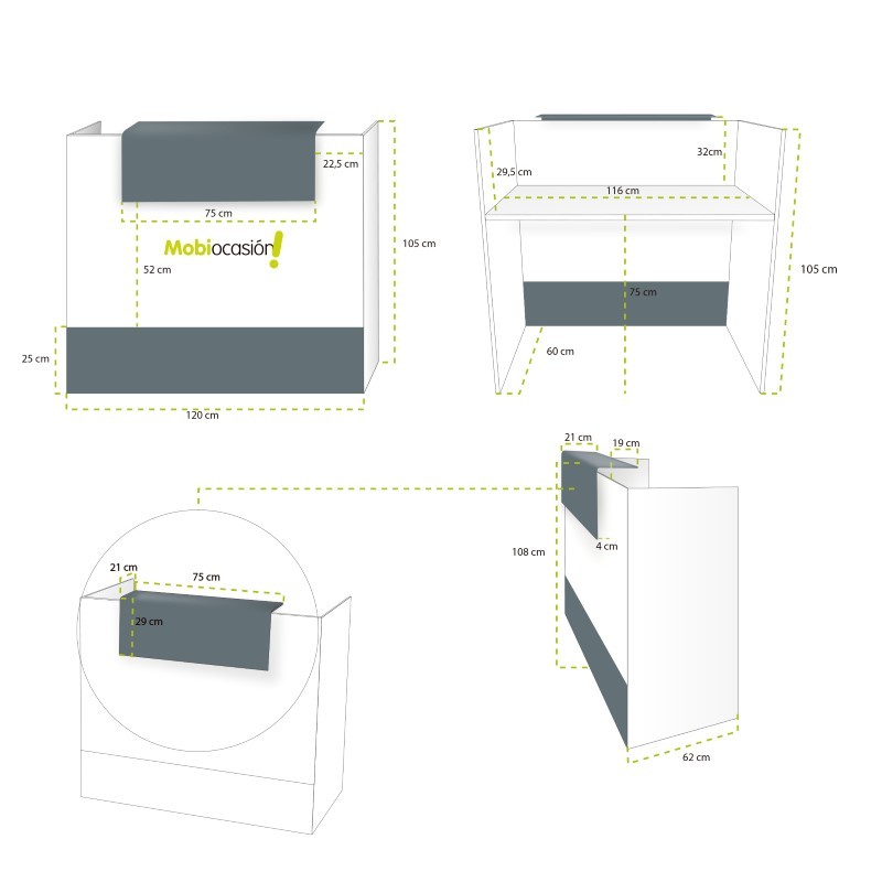 Mostrador de recepción MOBI blanco, medida 120x62x105 cm, sobremostrador y zócalo grafito