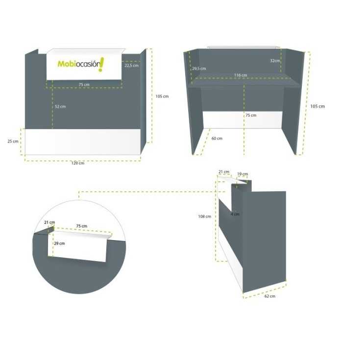Mostrador de recepción MOBI Grafito, 120x62x105 cm, sobremostrador y zócalo blancos