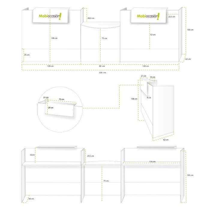 Mostrador recepción MOBI 320 cm, color blanco, sobremostradores metálicos
