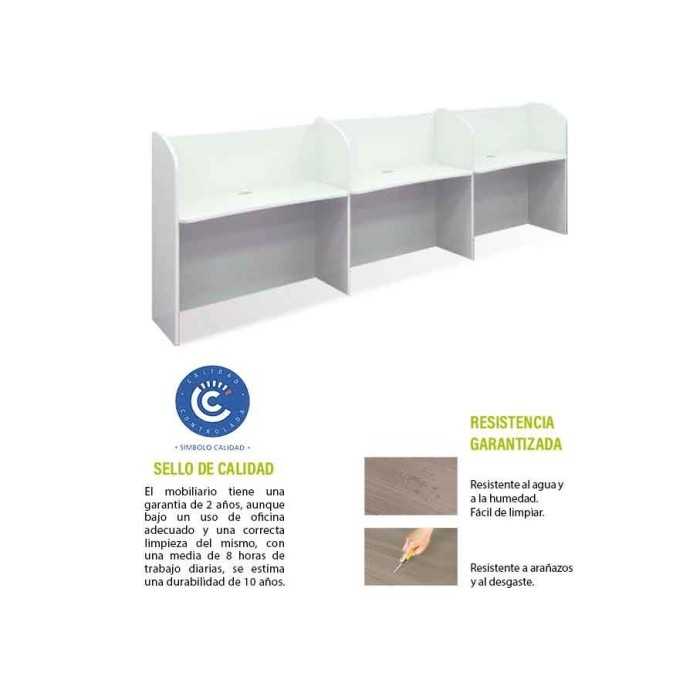 Call center lineal con 3 puestos de trabajo en madera con pasacables