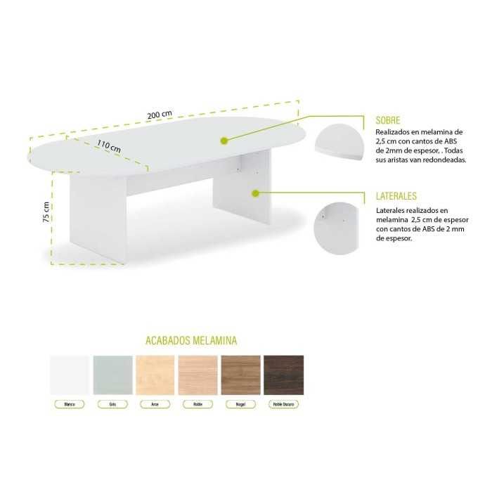 Mesa de reunión ovalada 200 cm modelo Zafiro pata panel