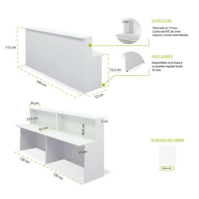 Mostrador de recepción recto BASIC, color blanco, ancho total 240 cm