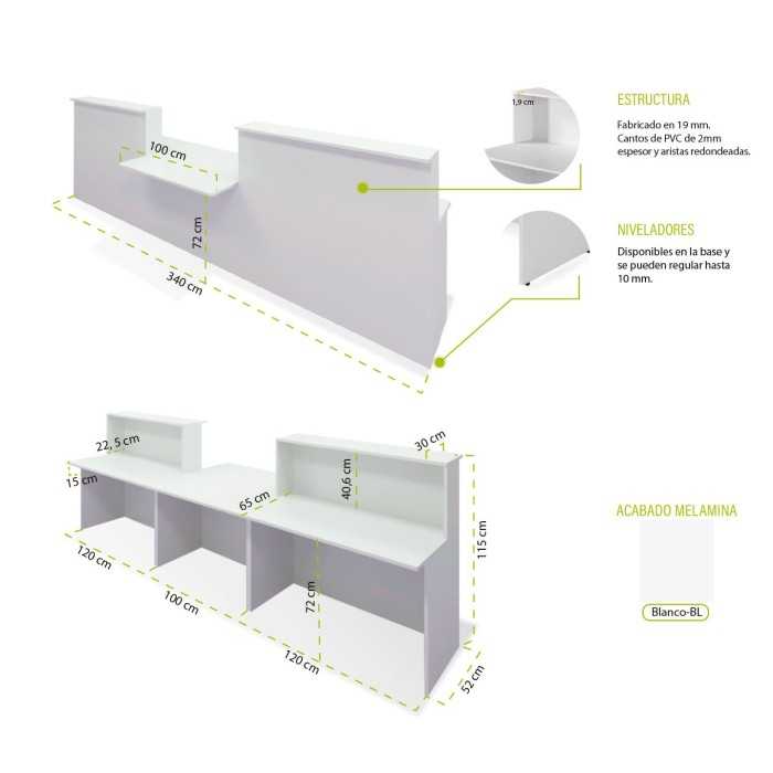 Conjunto mostrador recepción BASIC recto blanco de 340 CM, módulo minusválidos