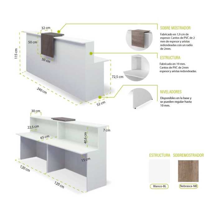 Mostrador de recepción BASIC 240 cm, color blanco, con sobremostrador nebraska