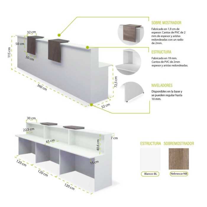 Mostrador de recepción BASIC, recto blanco con sobremostradores, ancho 360 cm