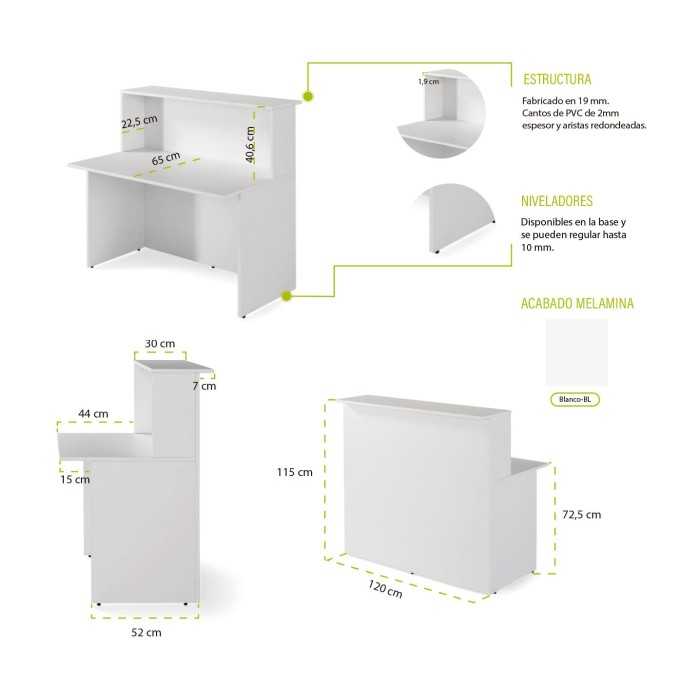 Mostrador recepción BASIC, medida 120 cm, con cajonera y armario bajo, color blanco