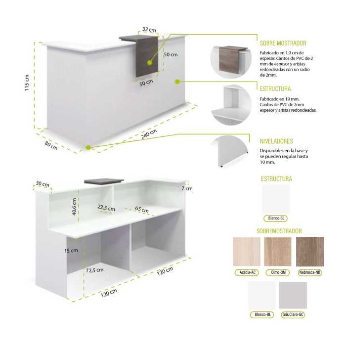 Mostrador recepción + sobremostrador BASIC 240 cm terminación derecha