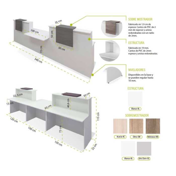 Mostrador recepción BASIC 340 cm blanco con sobremostrador color configurable