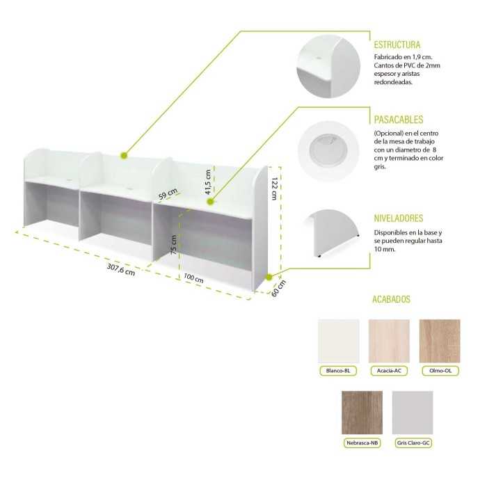 Call center lineal con 3 puestos de trabajo en madera con pasacables
