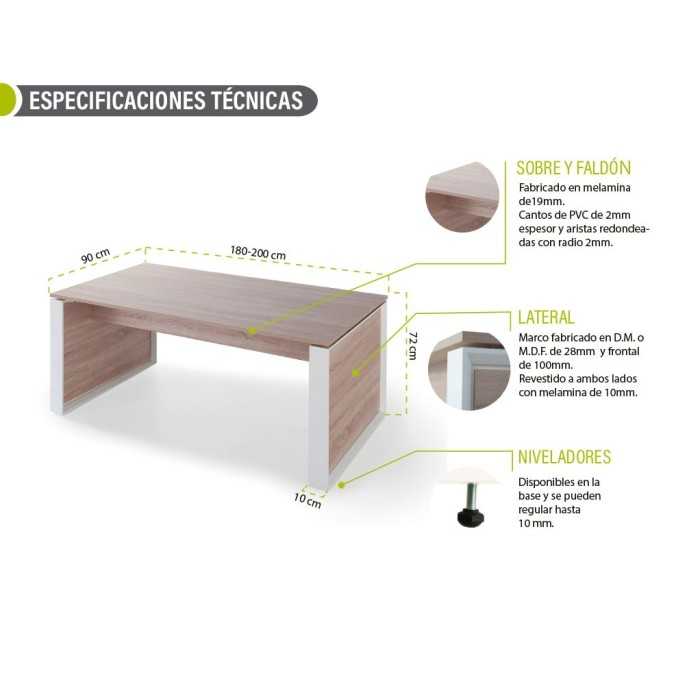 Mesa de despacho recta OMEGA color olmo y marco lateral DM blanco, 180-200 cm