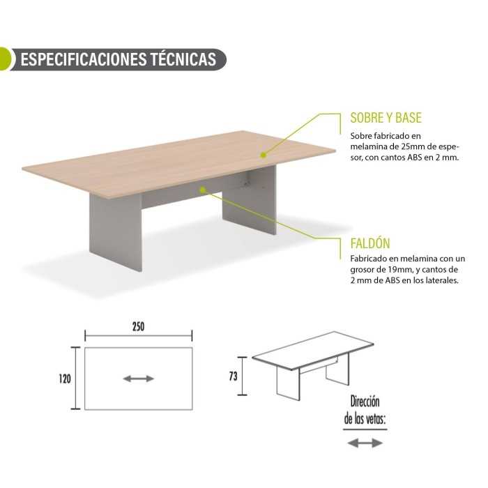 Mesa de reunión serie TINA medida 250 x 120 cm, forma rectangular