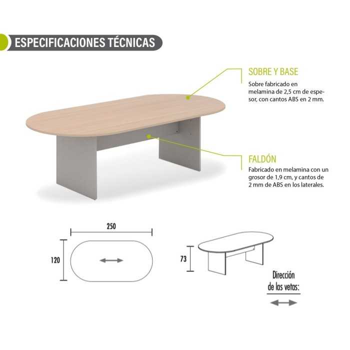 Mesa de reunión serie TINA, medida 250 x 120 cm, forma ovalada