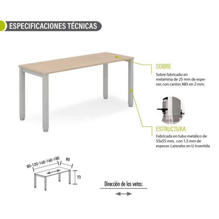 Mesa de oficina TEMPO, estructura 4 patas fijas, fondo 80 cm
