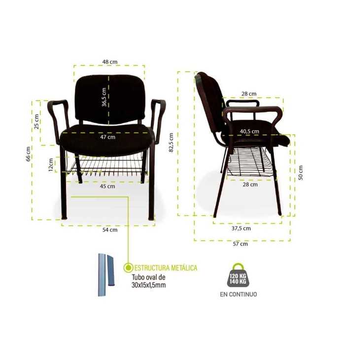 Silla ISO tapizada con brazos y rejilla portalibros