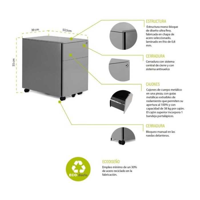 Cajonera metálica ATENAS de Euromof gris de cajón + archivo
