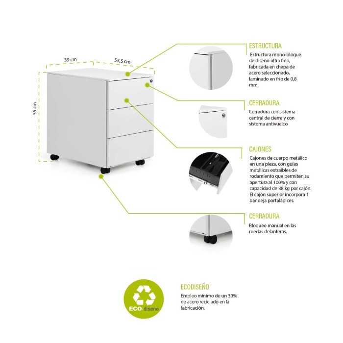 Cajonera metálica ATENAS de Euromof gris de 3 cajones