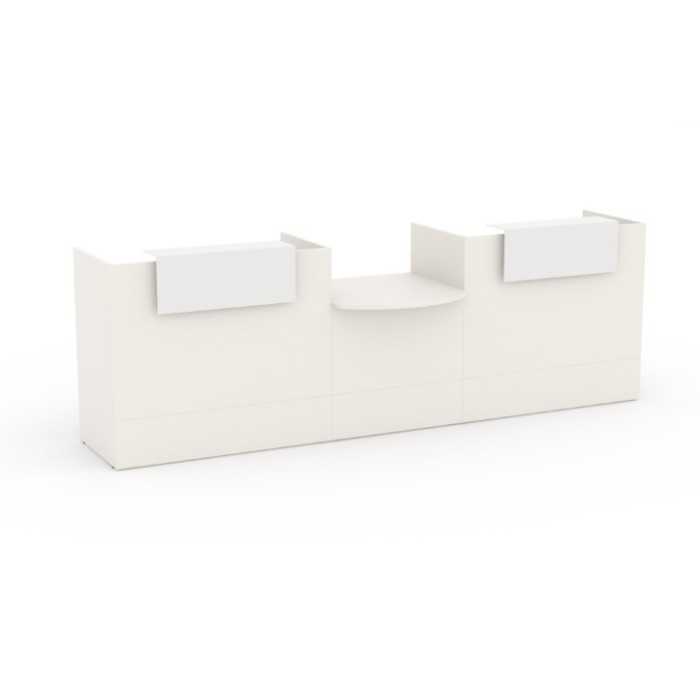 Mostrador recepción MOBI 320 cm, color blanco, sobremostradores metálicos
