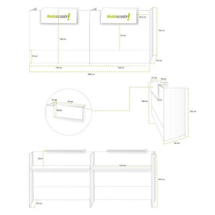 Mostrador recepción MOBI blanco, ancho 240 cm, sobremostrador y zócalo blanco