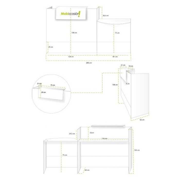 Mostrador recepción MOBI 200 cm, blanco, sobremostrador y zócalo blanco