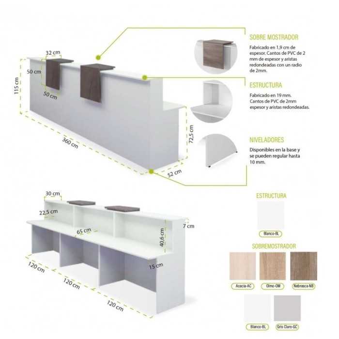 Mostrador de recepción BASIC, blanco con sobremostradores a elegir, ancho 360 cm