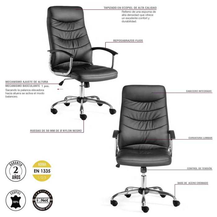 Sillón de oficina SEGOVIA, respaldo alto, gran acolchado, brazos fijos