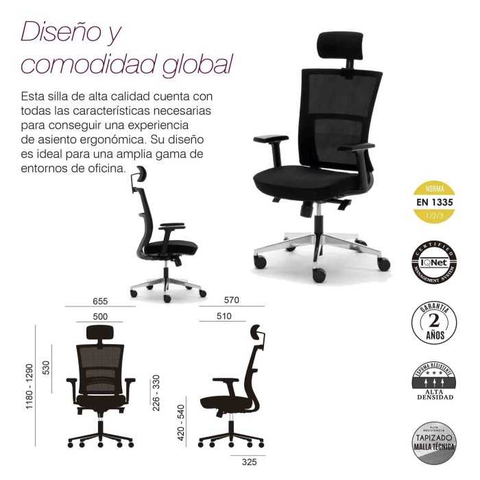 Silla de oficina ergonómica ATLANTA de Euromof, cabecero, brazos 3D, base aluminio pulido