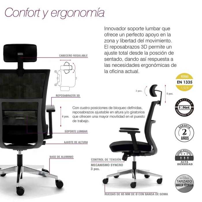 Silla de oficina ergonómica ATLANTA de Euromof, cabecero, brazos 3D, base aluminio pulido