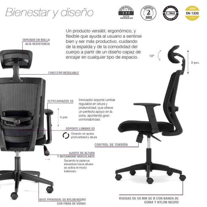 Silla de oficina ergonómica SOFIA de Euromof, cabecero y brazos regulables