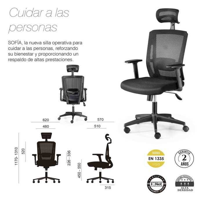 Silla de oficina ergonómica SOFIA de Euromof, cabecero y brazos regulables