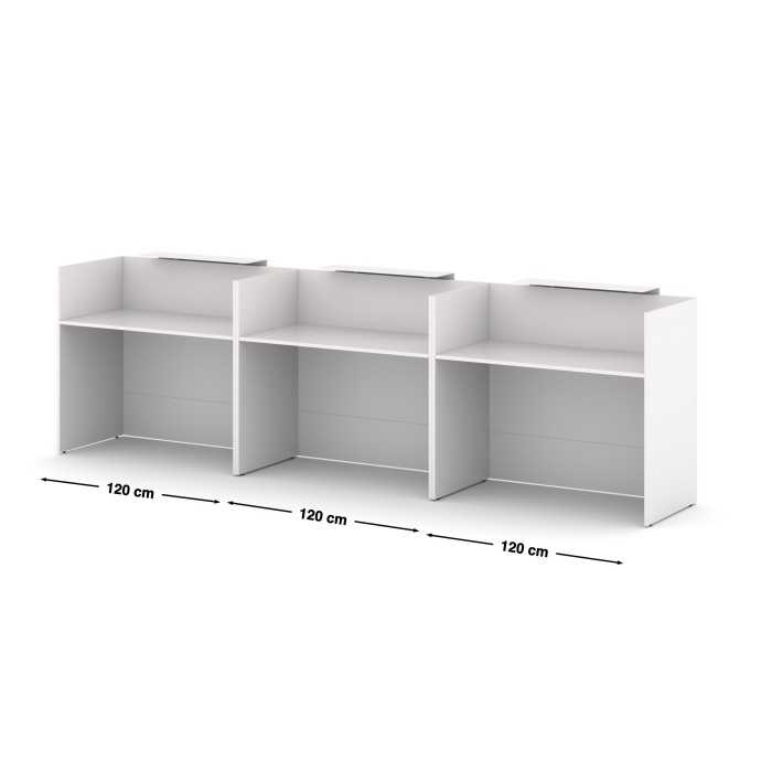 Mostrador recepción MOBI 360 cm, blanco, sobremostradores y zócalo blanco