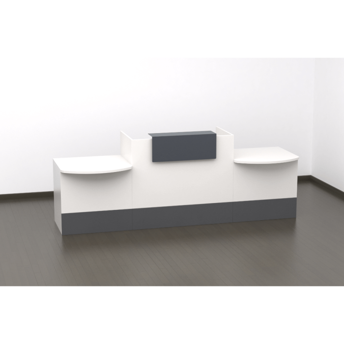 Mostrador recepción MOBI 280 cm, blanco, sobremostrador y zócalo grafito