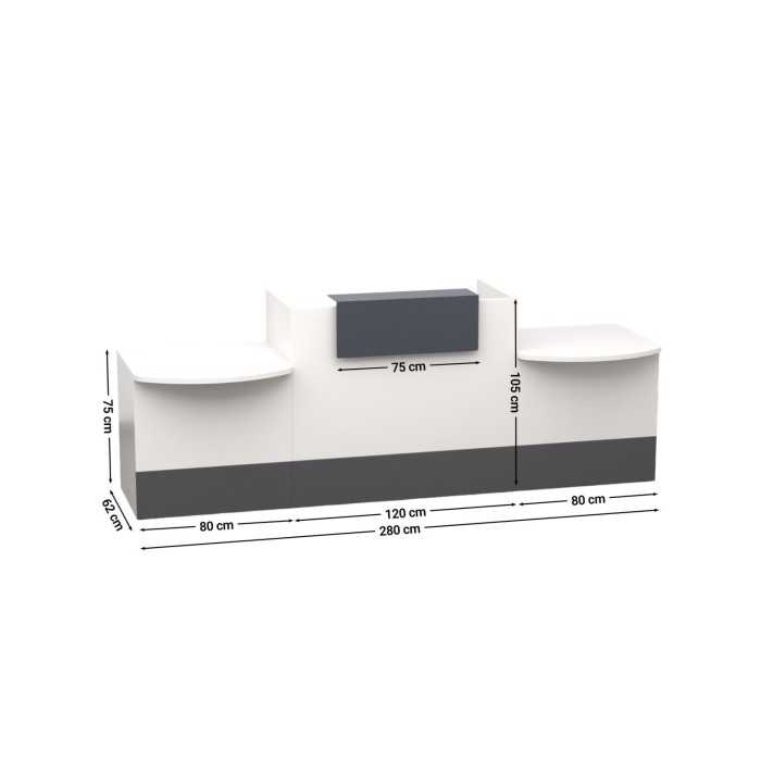 Mostrador recepción MOBI 280 cm, blanco, sobremostrador y zócalo grafito
