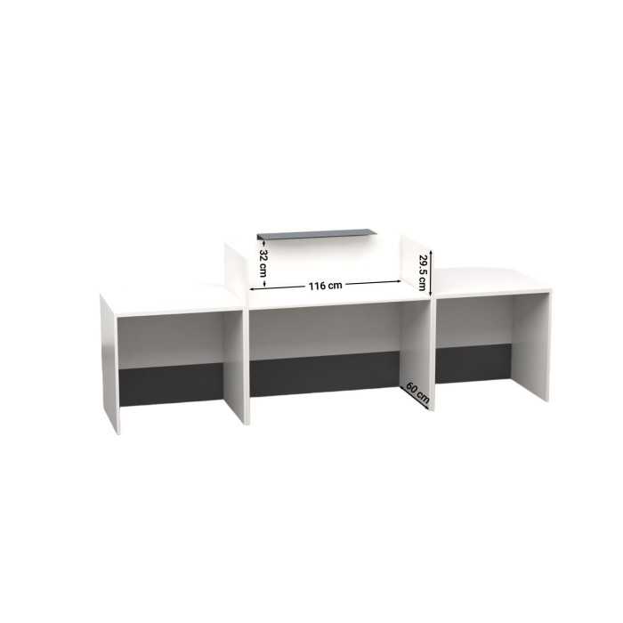 Mostrador recepción MOBI 280 cm, blanco, sobremostrador y zócalo grafito