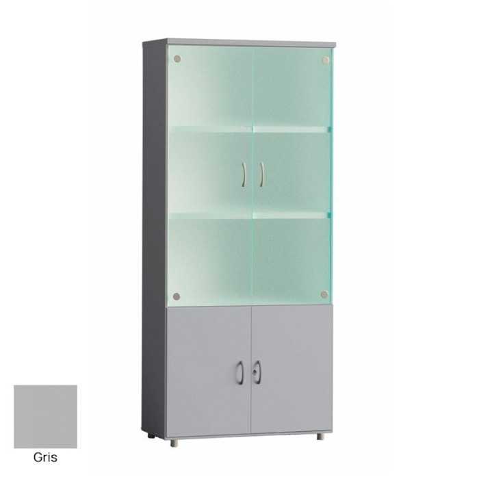 Armario de oficina alto serie MOB, puertas abatibles altas de cristal y bajas de madera