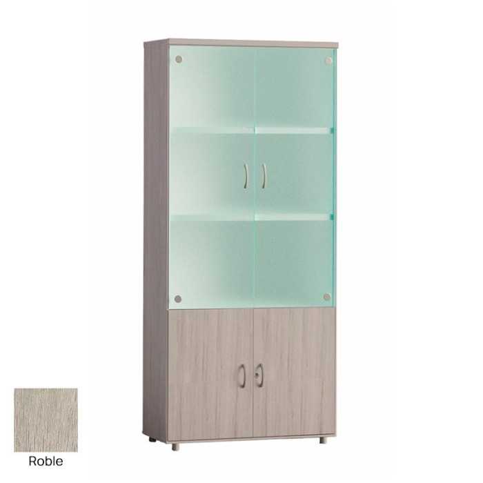 Armario de oficina alto serie MOB, puertas abatibles altas de cristal y bajas de madera