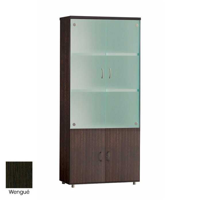 Armario de oficina alto serie MOB, puertas abatibles altas de cristal y bajas de madera