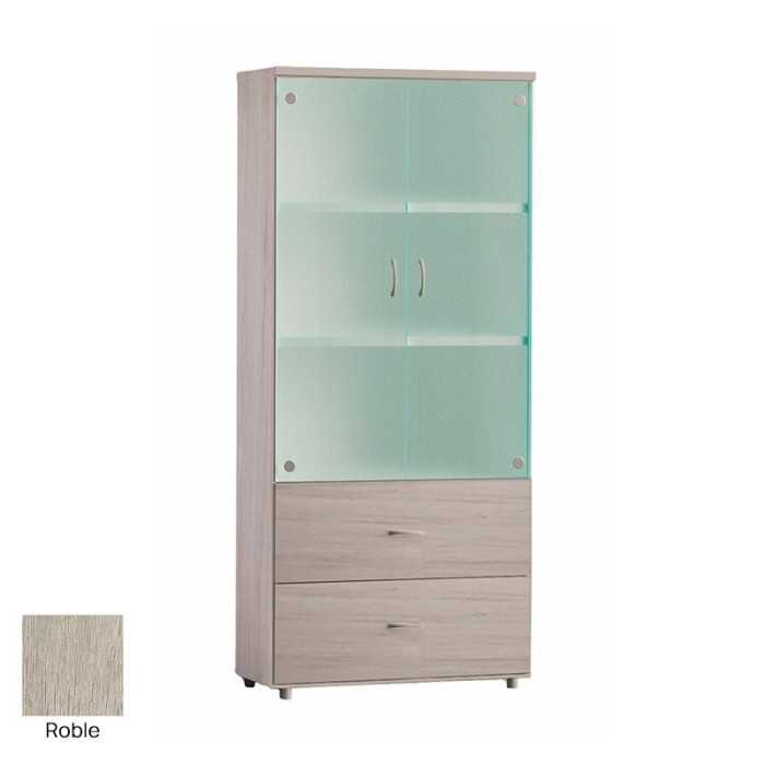 Armario de oficina alto serie MOB, con puertas de cristal y dos archivos