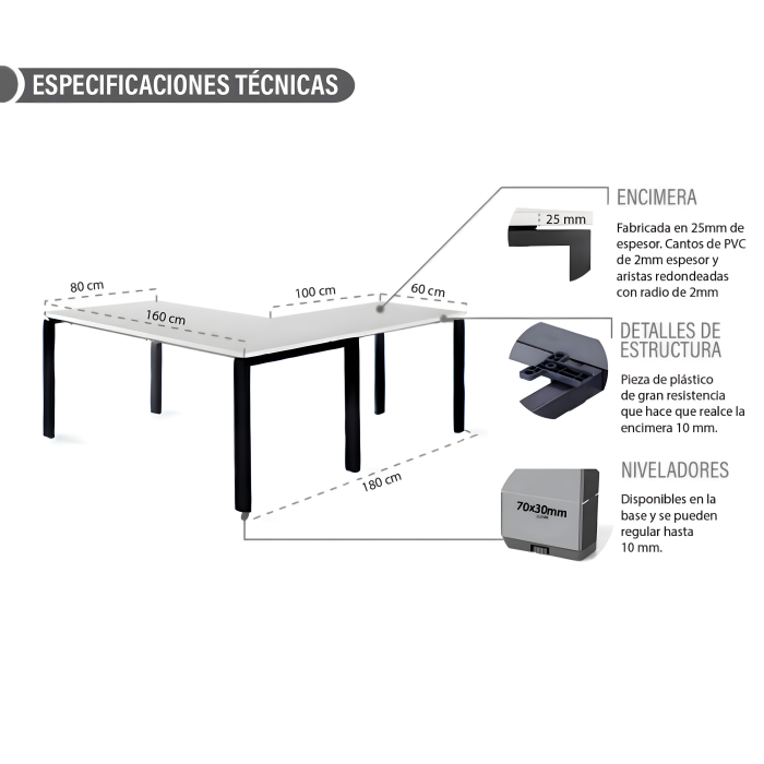 Mesa de oficina PORTICO + ala derecha, estructura metálica