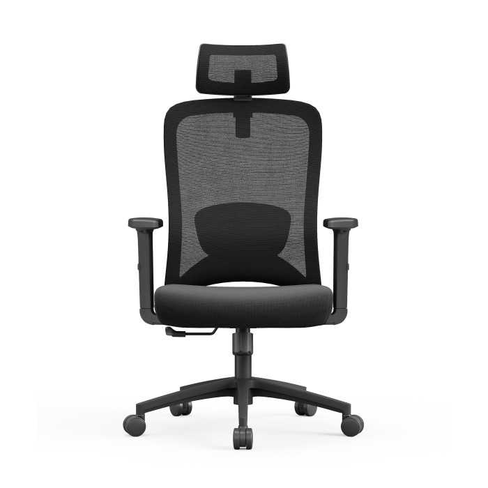 Silla ergonómica de oficina con respaldo de malla, brazos regulables y refuerzo lumbar