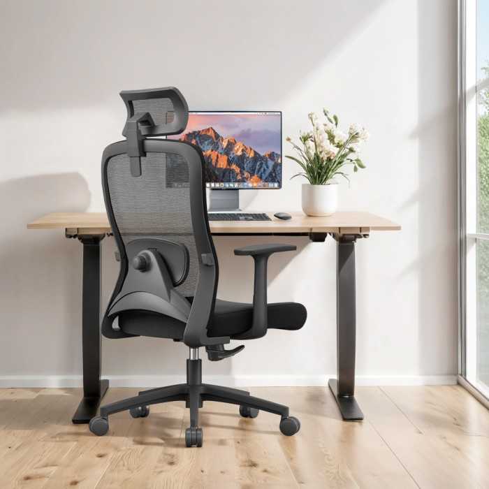 Silla ergonómica de oficina con respaldo de malla, brazos regulables y refuerzo lumbar