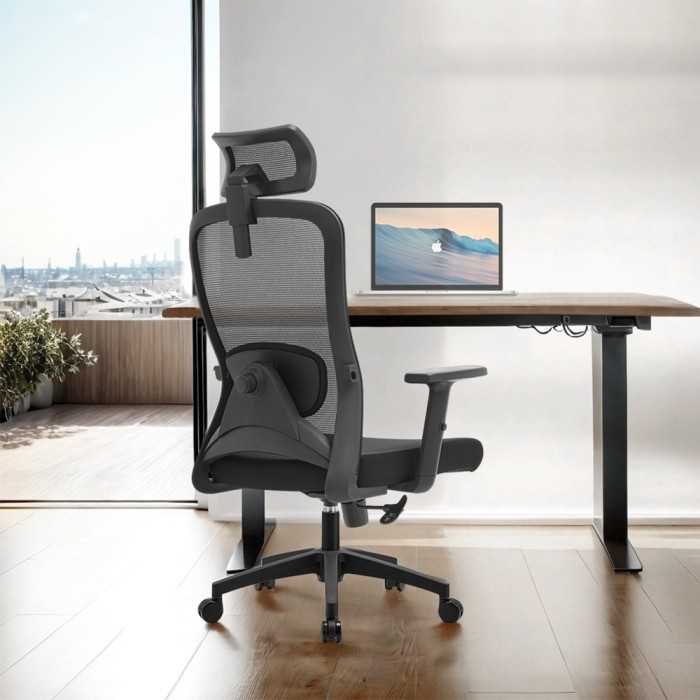 Silla ergonómica de oficina con respaldo de malla, brazos regulables y refuerzo lumbar