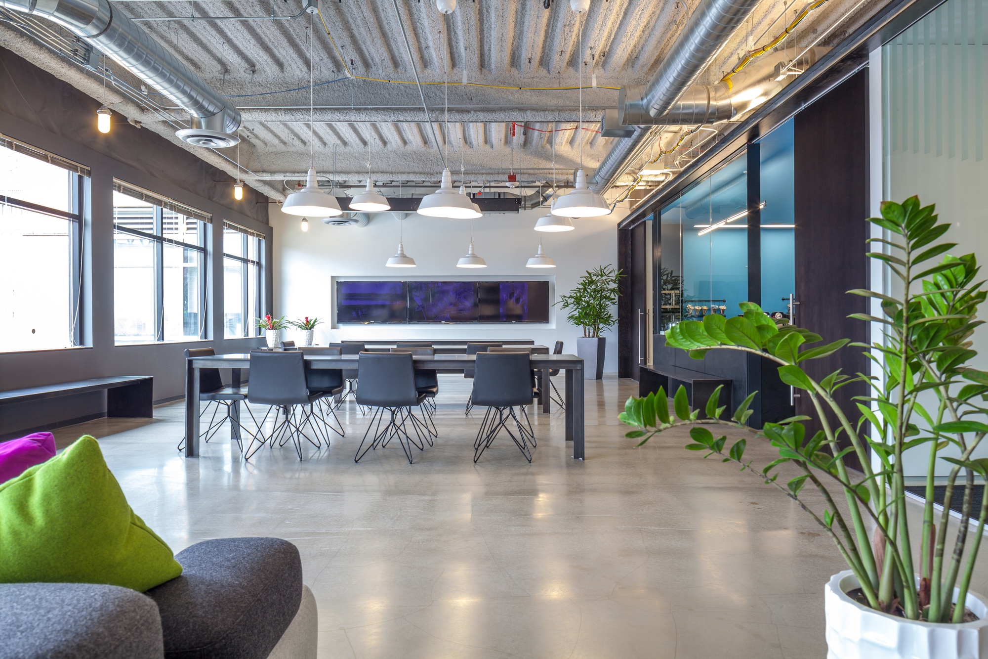 Tables in open office dining area