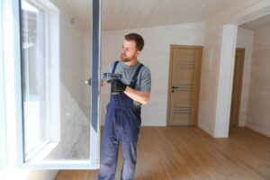 The worker installing and checking window in the house. Concept of new modular houses.