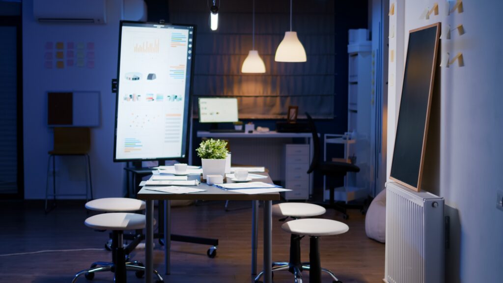 Interior of professional empty start-up business office meeting room with nobody in it