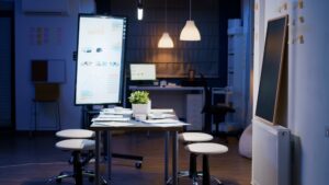 Interior of professional empty start-up business office meeting room with nobody in it