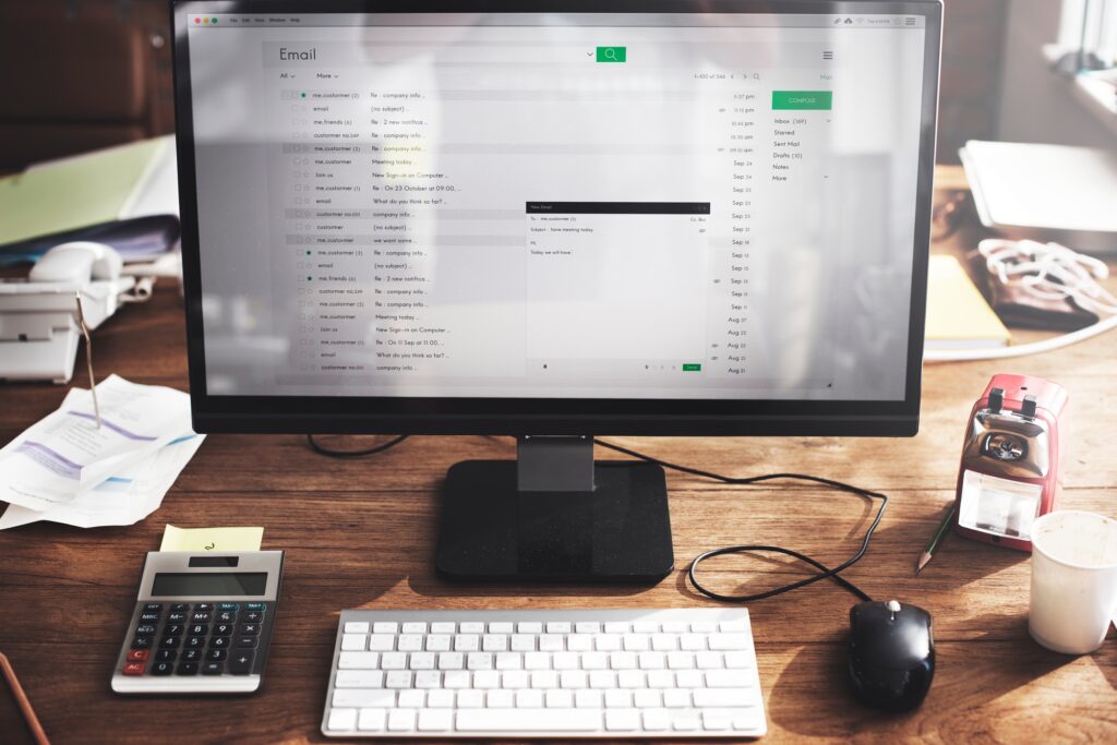 A desktop on a table in an office