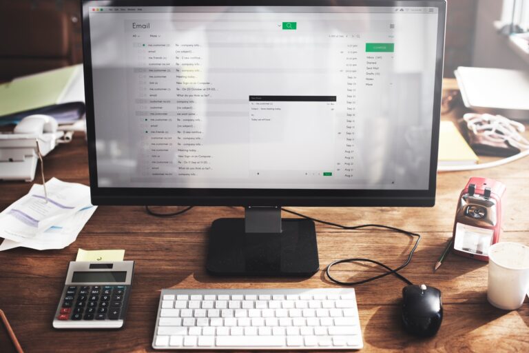 A desktop on a table in an office